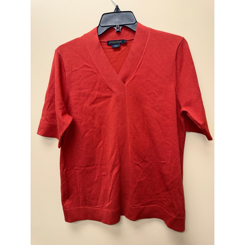 Pendleton Womens Red Short Sleeve V-Neck Knit Sweater Top Size L Stand Collar